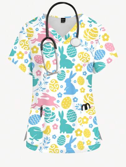 PopScrub Rabbit & Easter Egg Cartoon All-Over Print Nurse Uniform Top, V-Neck Short Sleeve Scrub Shirt, Nursing Uniform For Women, Easter Outfit, Rabbit Animal Print Women Apparel