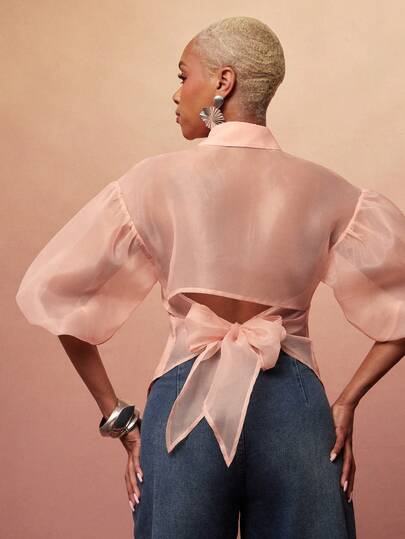 Vixey オーガンジー 部分裏地 セルフタイバック カラー ボタンアップ ペタルスリーブ トップス