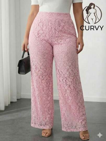 Pantalon Mujer Encaje Cintura Alta Pierna Ancha Elegante Transparente Fiesta Casual Moda Verano