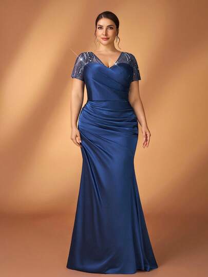 Serin Plus Size Elegant Luxurious Hazy Blue Sequin Embroidered Patchwork Elastic Satin V-Neck Puff Sleeve Fitted Fishtail Hem Dress, Suitable For Evening Party, Gala, Music Festival, Wedding, Mother Of The Bride