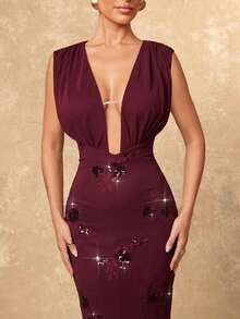 Lumalex 亮片及亮片柔软褶皱网纱紧身露背系带腰连衣裙（女款） - 中紫紅色 - 查看 7