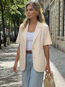 Hansera Blazer de mujer de un solo botón, de unicolor, de manga corta, de tela delgada y de estilo elegante para uso diario - Albaricoque - Ver 5