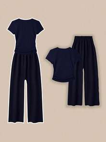 Zovinel Women's Solid Color Minimalist Daily Short Sleeve Top And Pants 2 Pieces Set - Royal Blue - View 2
