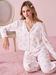 SHEIN 甜美清新蝴蝶结印花女士睡衣套装，ins风粉色蝴蝶结睡衣套装，秋冬服装 - 彩色 - 查看 7