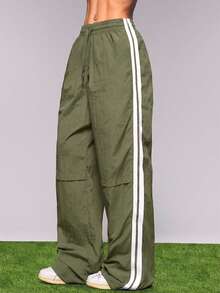 SHEIN Unity Women's Dance Print Drawstring Waist Oblique Pocket Sports Pants - Olive Green - View 5