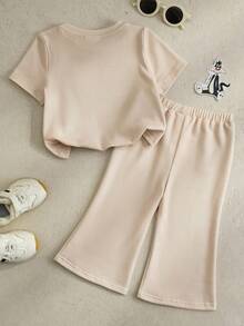 LOONEY TUNES X SHEIN 女婴字母卡通印花圆领短袖T恤和裤子休闲套装 - 卡其色 - 查看 2