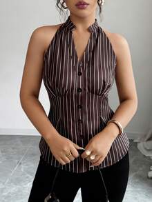 Elenzga Women's Striped Single-Breasted V-Neck Casual Halter Shirt - Coffee Brown - View 3