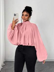 Maweii Blusa elegante de unicolor con volantes y mangas farol para tallas grandes, otoño - Rosa - Ver 5