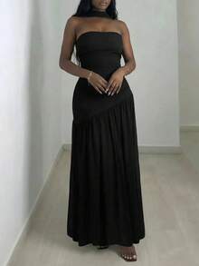 INAWLY Women's Elegant Solid Color Split Hem Dress, Summer - Black - View 6