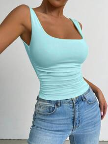 Elenzga Camiseta ajustada de cuello cuadrado de unicolor para mujer de talla grande - Azul - Ver 4