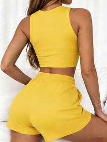 INAWLY Bộ đồ nữ mùa hè kiểu dáng thường ngày, màu trơn, gồm áo croptop và quần short. - Màu vàng - Xem 2