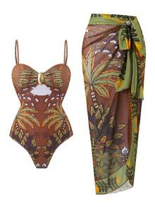 Swim Oasis Bộ bikini 2 mảnh kiểu tankini buộc cổ yếm in họa tiết cây nhiệt đới dành cho nữ, thích hợp mặc đi biển mùa hè, kèm dây đeo vai điều chỉnh được và váy. - Nhiều màu - Xem 3