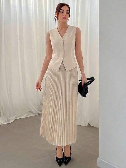 Aloruh Women's Apricot Solid Color Suit Vest And Pleated Skirt 2-Piece Set, Suitable For Commuting, Office, And Formal Occasions, Autumn/Winter/Spring/Summer