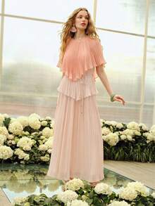 MOTF PREMIUM WOMEN'S PLEATED ROUND NECK CONTRAST COLOR ROMANTIC LONG DRESS, SPRING/SUMMER - Pink - View 3