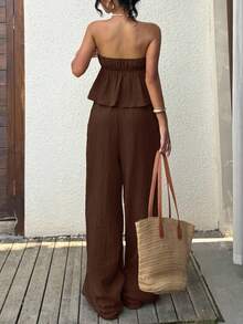 SHEIN EZwear 女款深棕色夏季波西米亞風海灘度假兩件套，編織亞麻抹胸上衣與長褲套裝，休閒成衣染色套裝 - 巧克力棕 - 查看 2