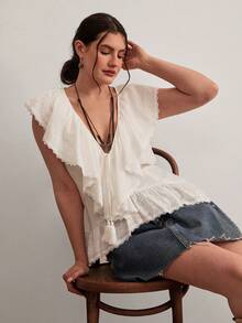 Freevana Bohemian Style White Lace Sleeveless Blouse, V-Neck Drawstring Ruffle Hem Tassel Shirt, Relaxed Loose Flattering Niche Design Top - White - View 6