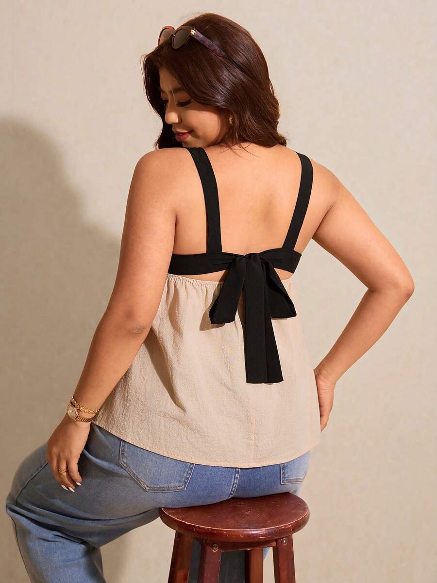 Elaquor Plus Size Women Contrast Color Twist Back Sleeveless Tank Top, Summer Tops - Apricot - View 1