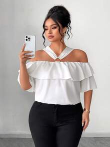 Elenzga 大码优雅露肩金属装饰荷叶边露肩上衣 - 米色 - 查看 4