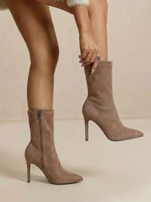 Daringsoles Giày bốt nữ mũi nhọn, khóa kéo bên hông, co giãn, ôm sát, chất liệu flannel, bốt cổ thấp, bốt cao gót, bốt dự tiệc, kỳ nghỉ, du lịch, bốt nữ. - Vải nhung nâu - Xem 11