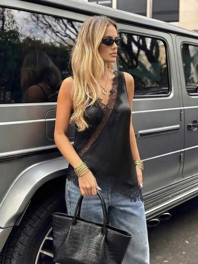 Pariaura Women's Casual And Elegant Black V Neck Sleeveless Lace Lace Cutout Lrregular Hem Shiny Top, Summer Blouse Suitable For Daily Wear/Teacher Day/Business Attire/Commute/Relaxing Vacation