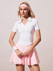 SHEIN Sports 女士修身 Polo 衫，白色，短袖，翻领，吸湿排汗面料，适合休闲穿着、跑步、瑜伽、健身、网球、高尔夫等运动。 - 白色 - 查看 3