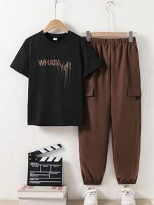 SHEIN Vacaura 男童春夏两件套服装 - 印花黑色短袖T恤搭配工装裤，休闲百搭套装 - 彩色 - 查看 5