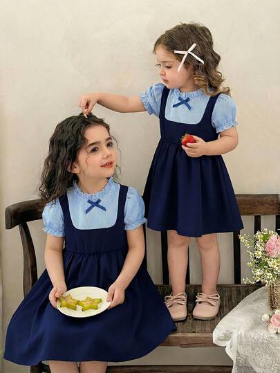 Elladie kids Toddler Girls' Striped Ruffle Collar Color Block Woven Bubble Sleeve Dress, Cute Sweet Campus Style, Suitable For Daily, Vacation, Party, Back To School And Other Occasions