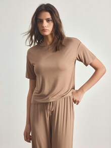Ocili Comfortable Silky Cotton Short Sleeve & Pants Pajama Set For Women - Khaki - View 2