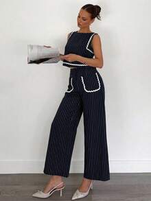 Siren Gaze Bộ đồ hè 2 món dành cho nữ, áo kiểu phối viền tương phản và quần ống rộng màu trơn, thích hợp mặc hàng ngày hoặc đi làm. - Nhiều màu - Xem 4