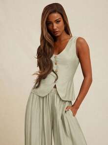 NYA SZN 女士套装（上衣+裤子）上衣背心深V领纽扣修身长裤高腰飘逸褶皱裤适合办公室、商务休闲、日常休闲、早午餐、端庄教堂、秋冬季通勤穿着 - 米色 - 查看 4