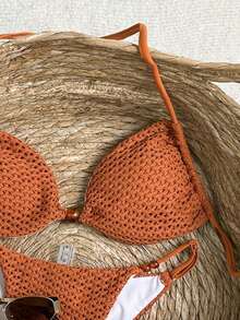 Swim SXY Women's New Spaghetti Strap Backless Halter Swimsuit Top And High Cut Bikini Bottom Sexy Swimwear Set - Brown - View 2