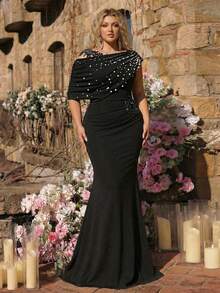 Aureia 大码优雅奢华黑色弹力针织撞色网纱不对称荷叶边修身鱼尾裙，适合晚宴、单身派对、约会、舞会、度假、婚礼等场合。 - 黑色 - 查看 5