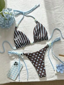 Swim Mod Women's Sexy Polka Dot Beaded Reversible Bikini Set, Beach/Pool Outfit For Summer - Multicolor - View 3