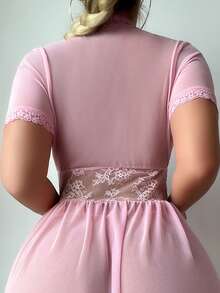 SHEIN 2pcs Set Romantic Mesh Lace Splice Tie-Up Ruched Nightgown For Going Out - Pink - View 2