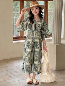 DAZY Tween Girls' V-Neck All-Over Print Casual Jumpsuit For Daily Wear - Green - View 4