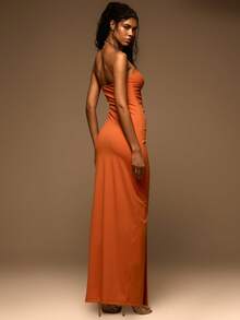 MUSERA Slinky Extreme Ruched Draped Fitted Strapless Bandeau Maxi Dress Spring Summer Elegant Vacation Holiday Ibiza Club Occasion Sexy Evening Wedding Guest Sunset Kiss - Orange - View 4