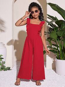 Tween Girl Casual Red Textured Jumpsuit - Red - View 6