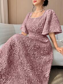 Modelyn Vestido elegante de talla grande con cuello cuadrado, manga corta y volante en la cintura - Rojo - Ver 4