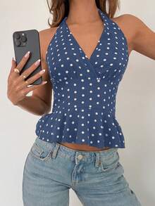 SHEIN Raffinéa Blusa sin mangas con cuello en V, volantes y lunares, adecuada para festivales de música de primavera - Azul y blanco - Ver 4