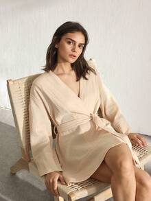 Ocili 女士纯色睡袍，带腰带，睡衣 - 杏色 - 查看 6