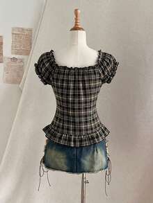 Attitoon Blusa con hombros descubiertos, volantes y cuadros en color café, top lindo para mujer - Café integral - Ver 9