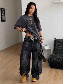 Coolane 男女春夏情侣同款街头风 Y2K 休闲嬉皮学院风朋克哥特风纯棉印花宽松短袖T恤 - 灰色 - 查看 2