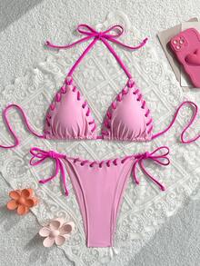 Swim Mod 女士纯色吊带露背系带泳衣套装（2件套），春夏款 - 粉色 - 查看 1