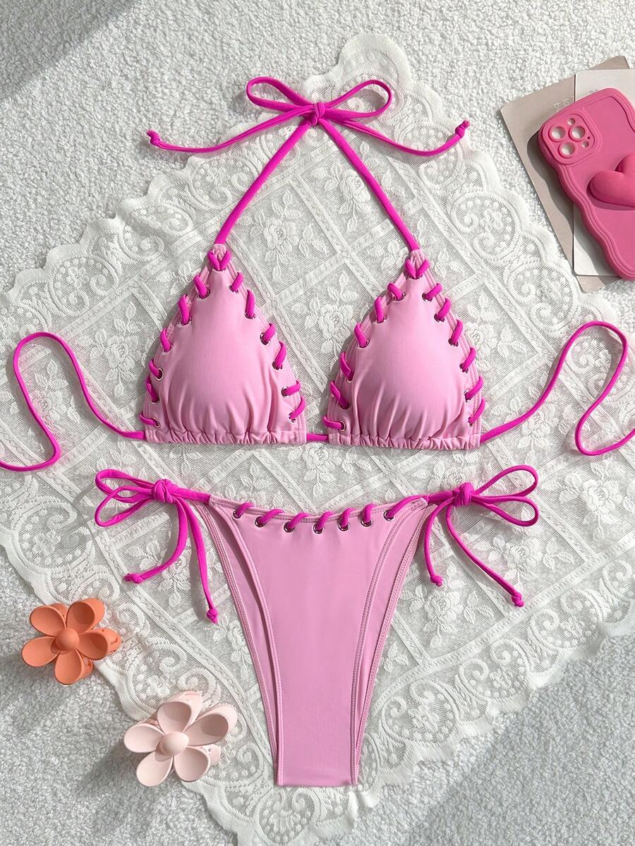 Swim Mod 2pcs/Set Solid Color Spaghetti Strap Backless Tie Swimsuit Set For Women, Spring/Summer - Pink - View 1