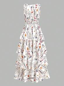 SHEIN Clasi 女士时尚V领全印花无袖多层连衣裙 - 彩色 - 查看 4