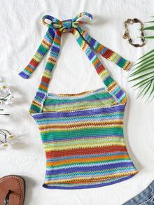 SHEIN Tween Girls' Casual Everyday Vacation Striped Knit Backless Bow Halter Beach Vacation Style Sleeveless Tank Top - Green - View 2