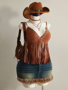 SHEIN ICON 大码流苏V领吊带背心，音乐节穿搭 - 棕色 - 查看 5