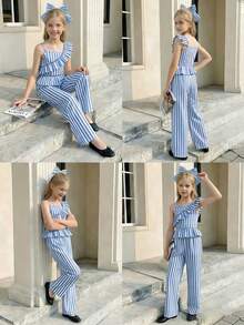 SHEIN Sparklyn Tween Girls' Summer Casual Striped Ruffle Trim Tank Top And Pants Set - Blue - View 6