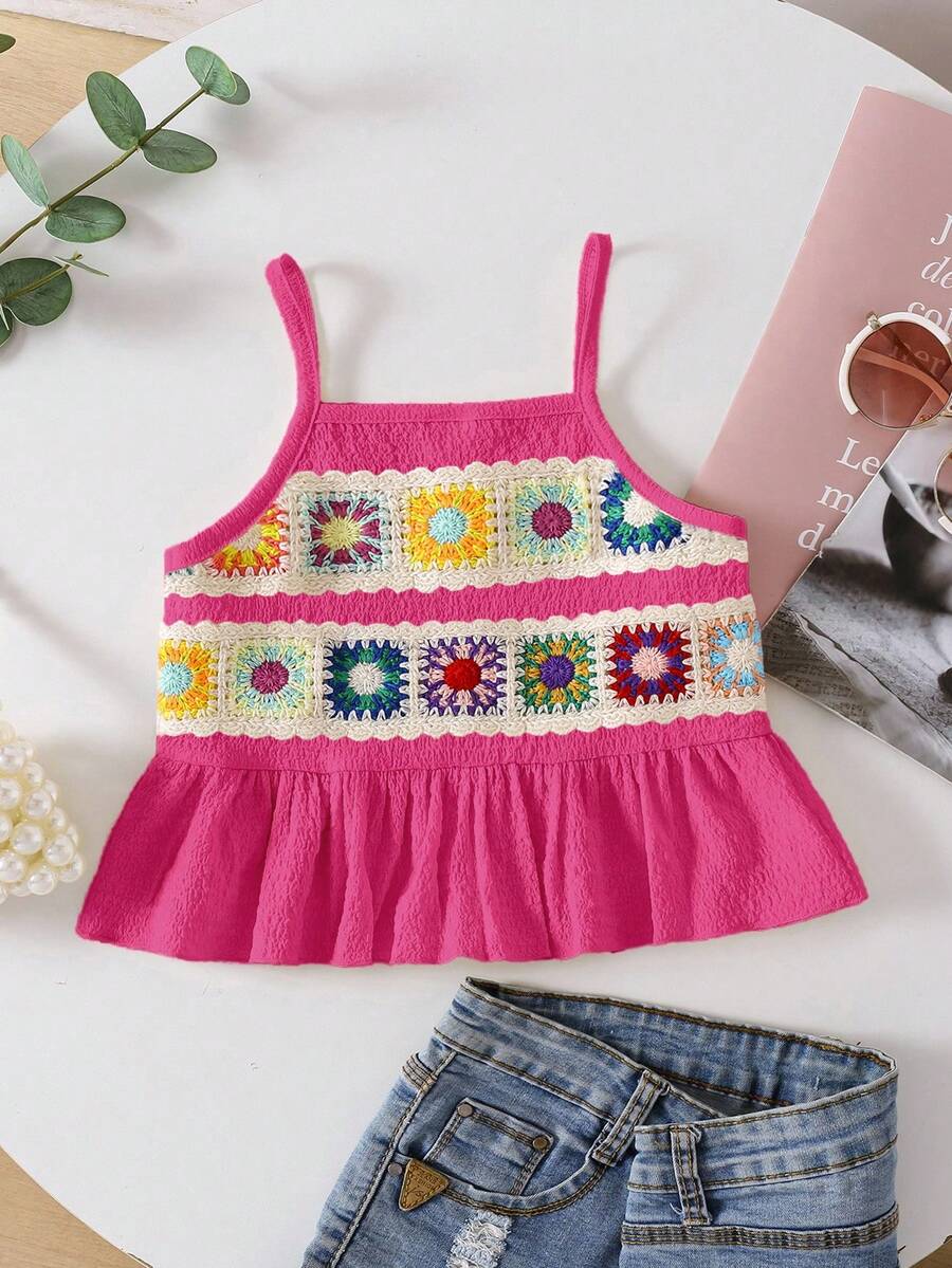 Áo hai dây thêu hoa dáng rộng cho bé gái (size nhỏ), trang phục dễ thương phù hợp cho các hoạt động ngoài trời mùa hè. - Màu Hồng Tươi - Xem 1