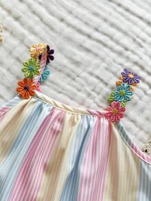 Vintaside Kids 女婴彩色花卉丝带拼接条纹A字连衣裙，适合日常休闲和节日场合 - 彩色 - 查看 7